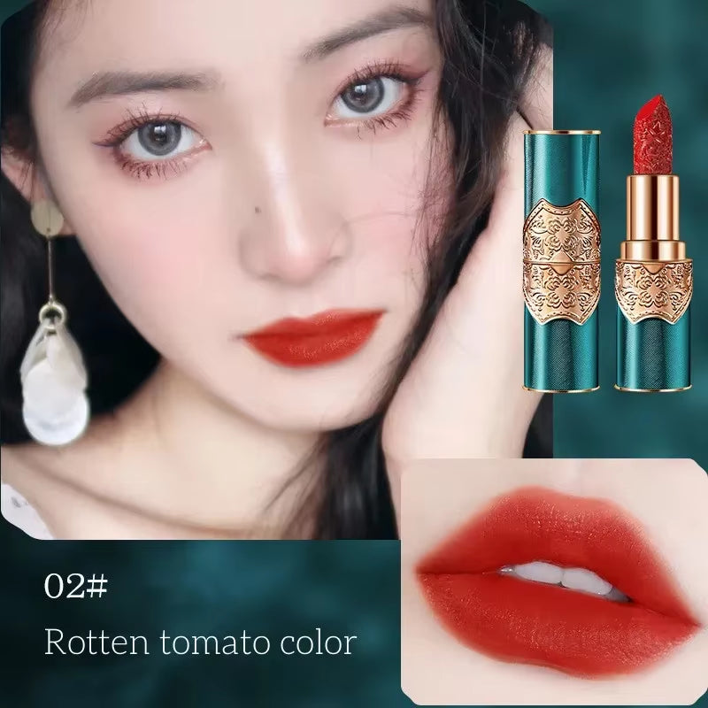 Retro Engraved Lipstick Chinese Red Engraved Velvet Mist Sense Moist Waterproof Non-Stick Cup Not Easy to Fade Lipstick Cosmetic