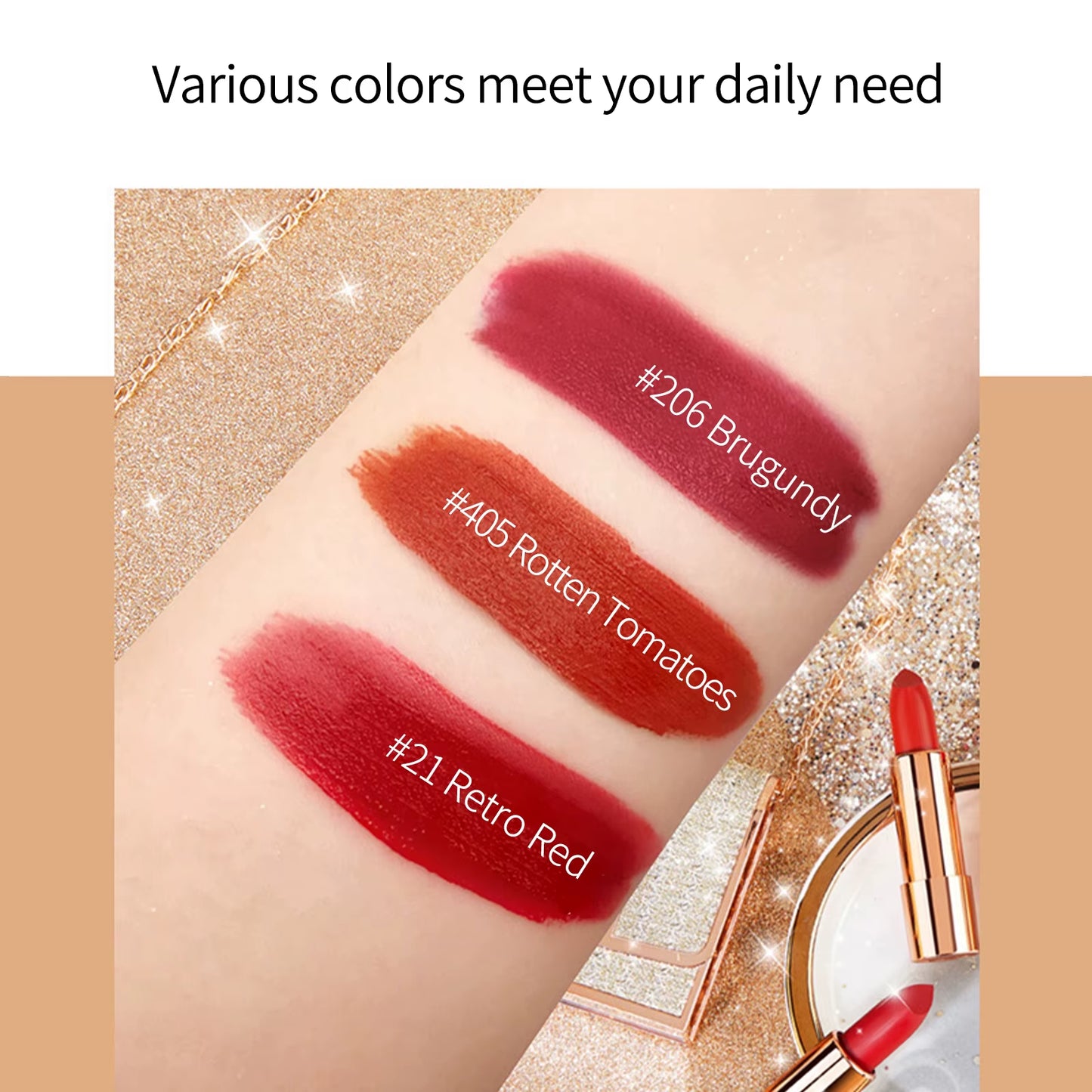 Matte Lipstick Set 3 Colours with Silver Chain Bag Waterproof Non-Stick Long Lasting Makeup Red 3.5Gx3Pcs for Women and Girls