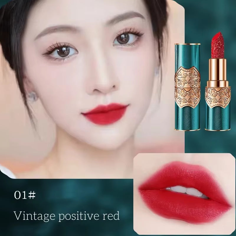 Retro Engraved Lipstick Chinese Red Engraved Velvet Mist Sense Moist Waterproof Non-Stick Cup Not Easy to Fade Lipstick Cosmetic