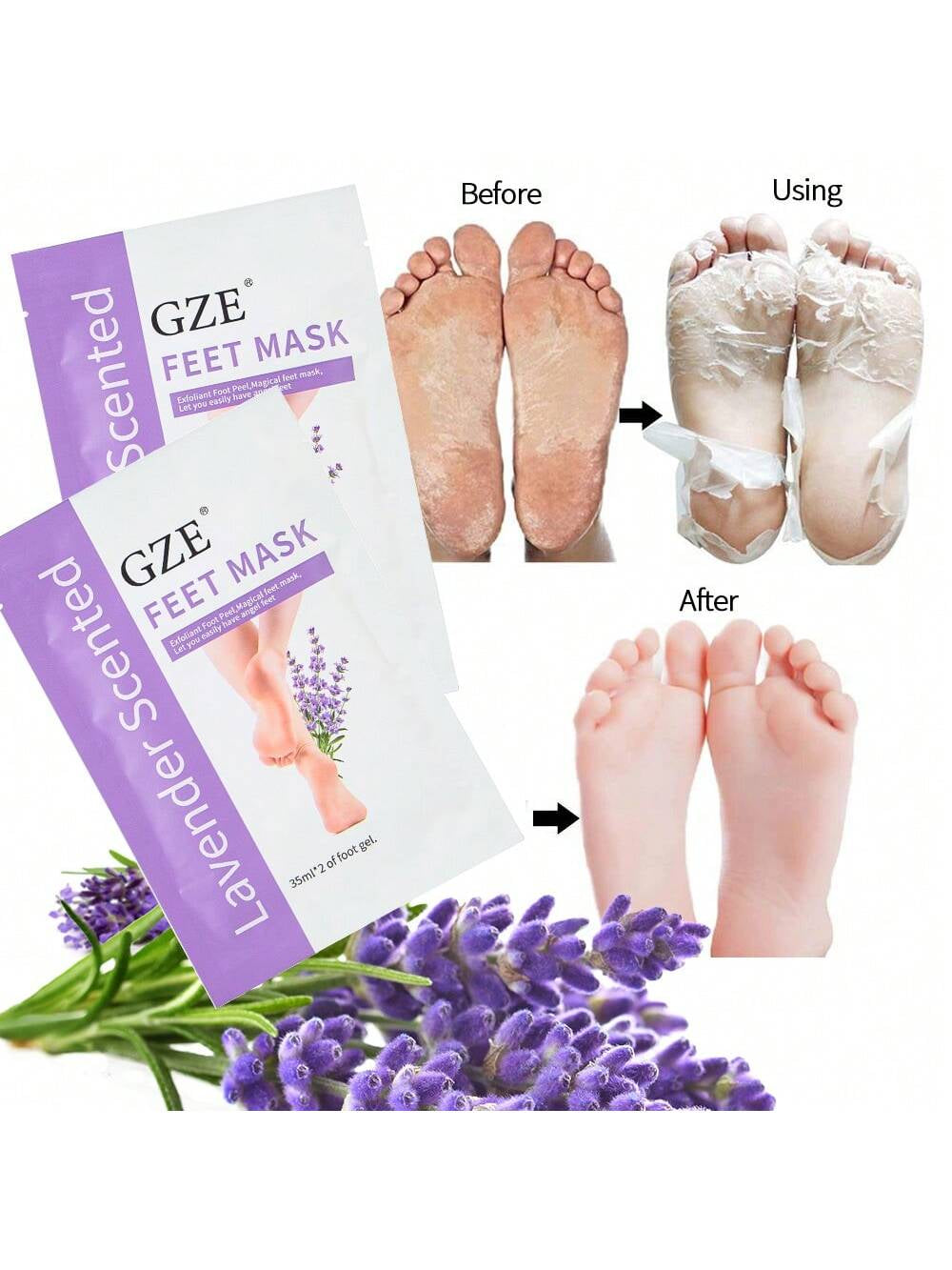 GZE Foot Peeling Mask 1 Pack Exfoliator Peel off Calluses Dead Skin Callus Remover Baby Soft Smooth Touch Feet-Men Women (Lavender) Exfoliating Mask for Dry Cracked Feet