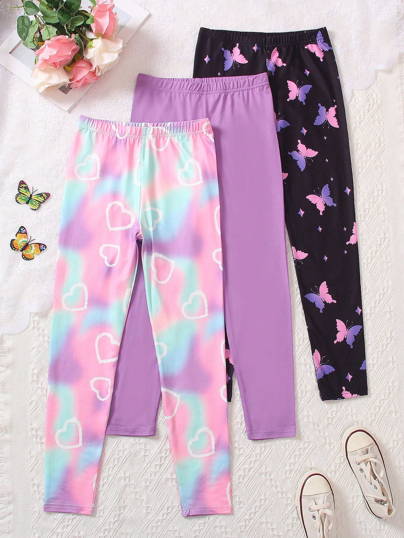 3Pcs Tween Girl Casual Pants Set,Solid Color, Tie-Dye, Heart and Butterfly Print Leggings