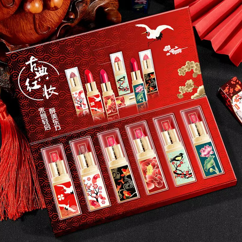 6Pcs/Set Chinese Style Lipstick Gift Set Box Lasting Moisturizing Nourishing Red Lip Stick Cosmetics Women Beauty Makeup Set