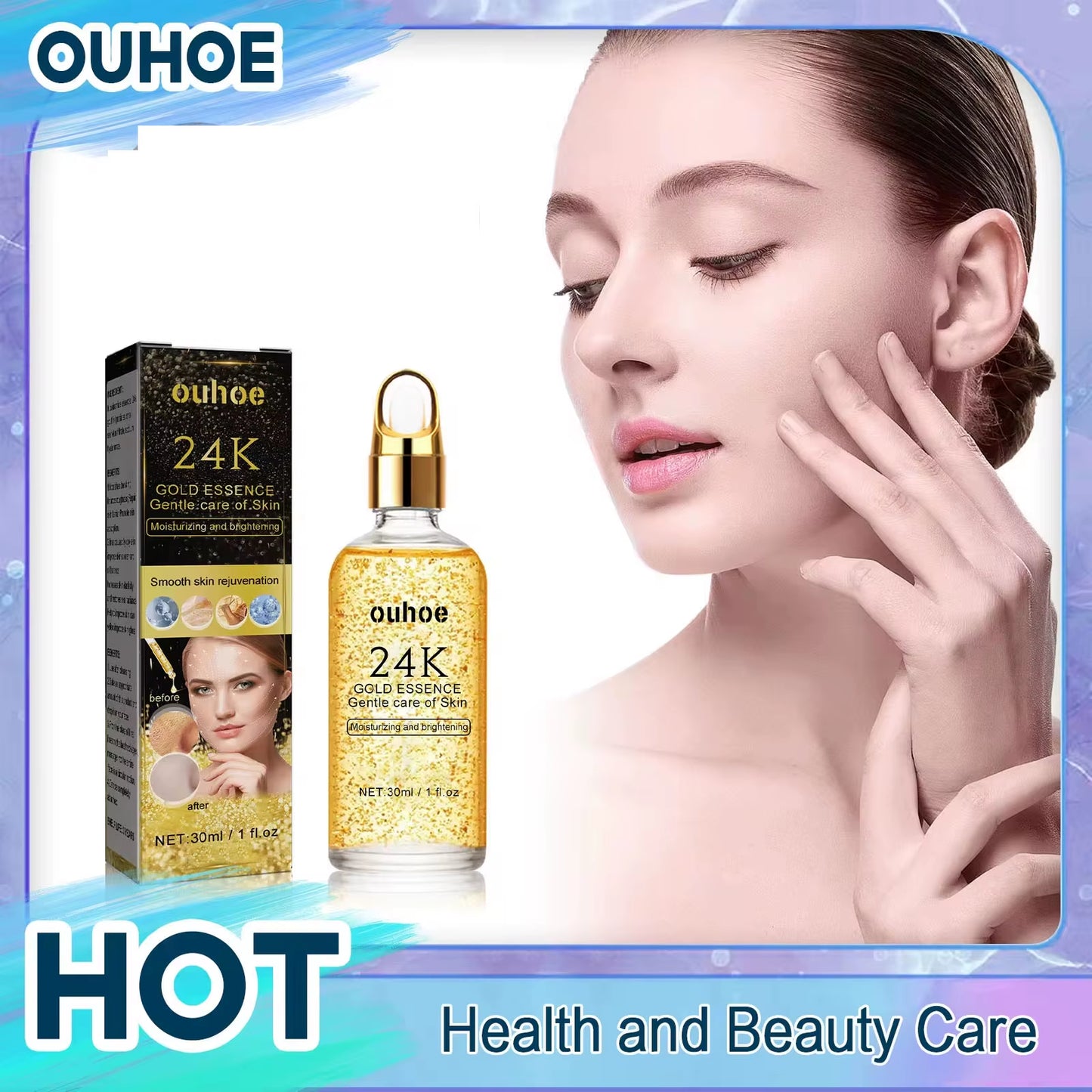 24K Gold Face Serum Hyaluronic Acid Moisturizing Whitening Fade Fine Lines Shrinks Pores Anti-Aging Brighten Essence Skin Care