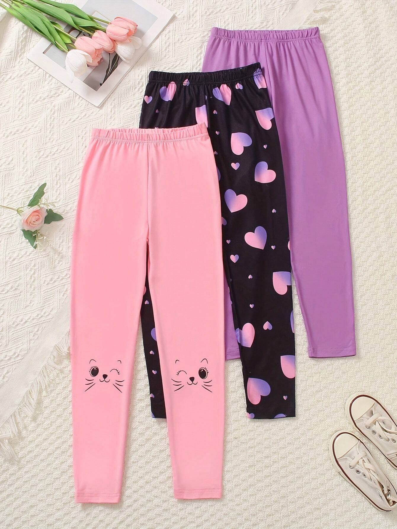 3Pcs Tween Girl Casual Pants Set,Solid Color, Tie-Dye, Heart and Butterfly Print Leggings