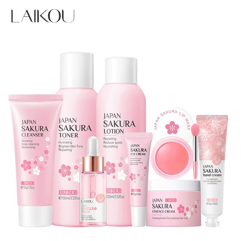 8Pcs Sakura Facial Skin Care Set Moisturizing Nourishing Serum Soothing Cream Repairing Lip Balm Hand Cream Beauty Makeup