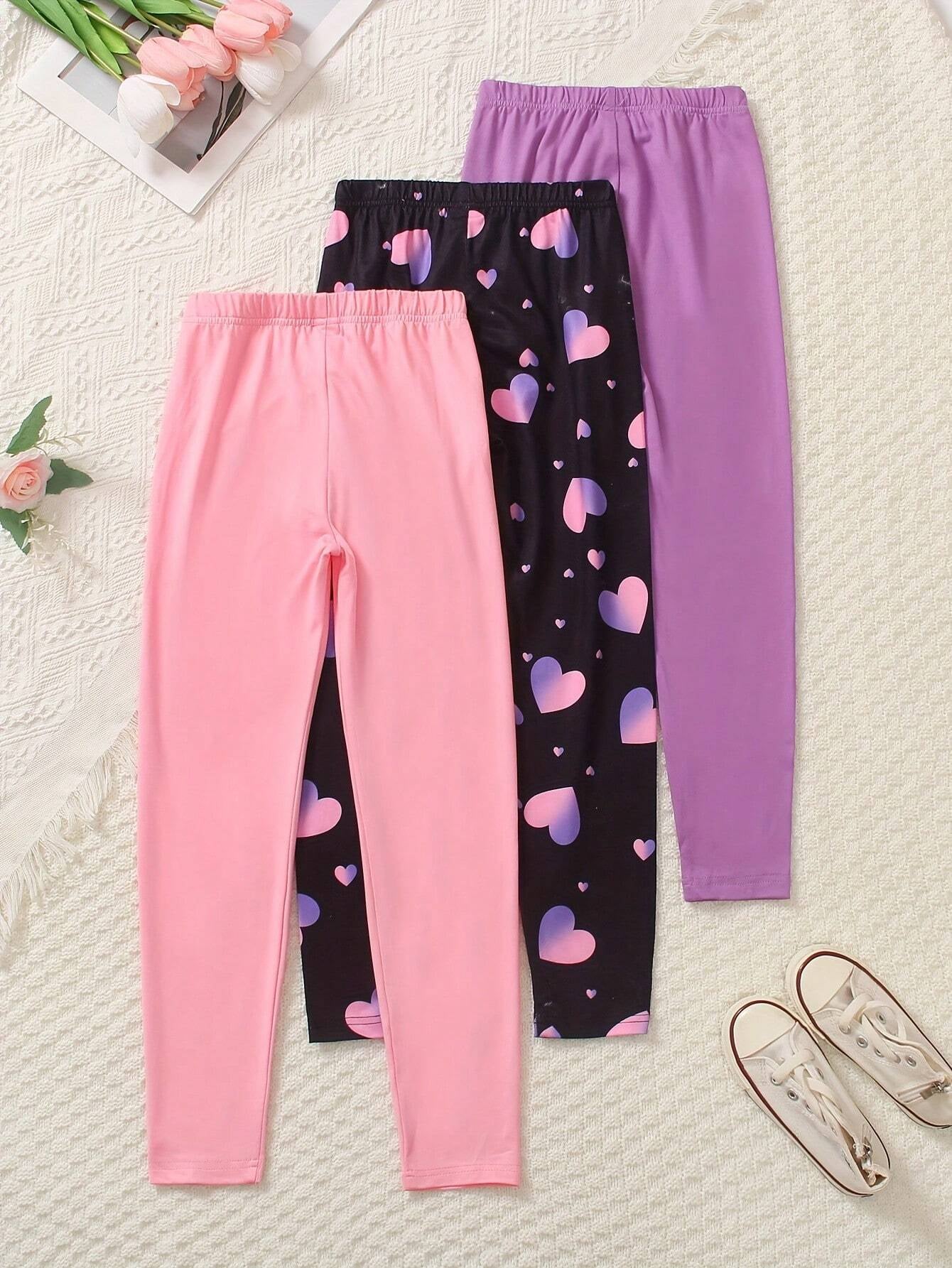 3Pcs Tween Girl Casual Pants Set,Solid Color, Tie-Dye, Heart and Butterfly Print Leggings