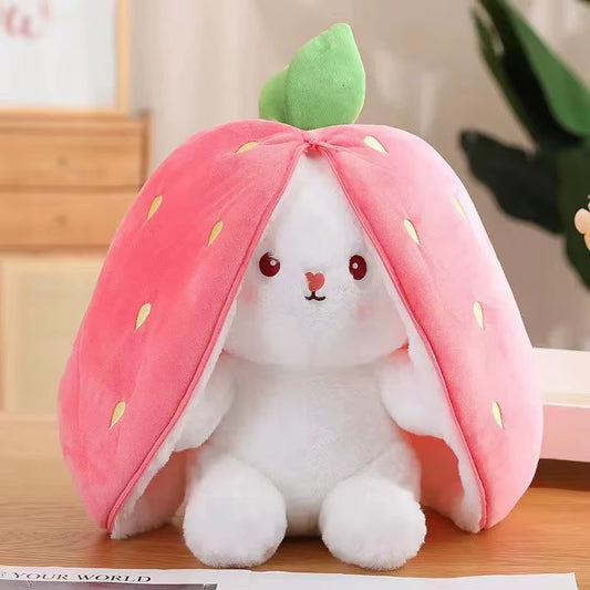 25Cm Cosplay Strawberry Carrot Rabbit Plush Toy Stuffed Creative Bag into Fruit Transform Baby Cuddly Bunny Plushie Doll for Kid