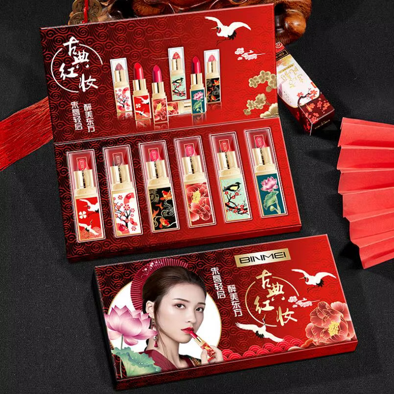 6Pcs/Set Chinese Style Lipstick Gift Set Box Lasting Moisturizing Nourishing Red Lip Stick Cosmetics Women Beauty Makeup Set