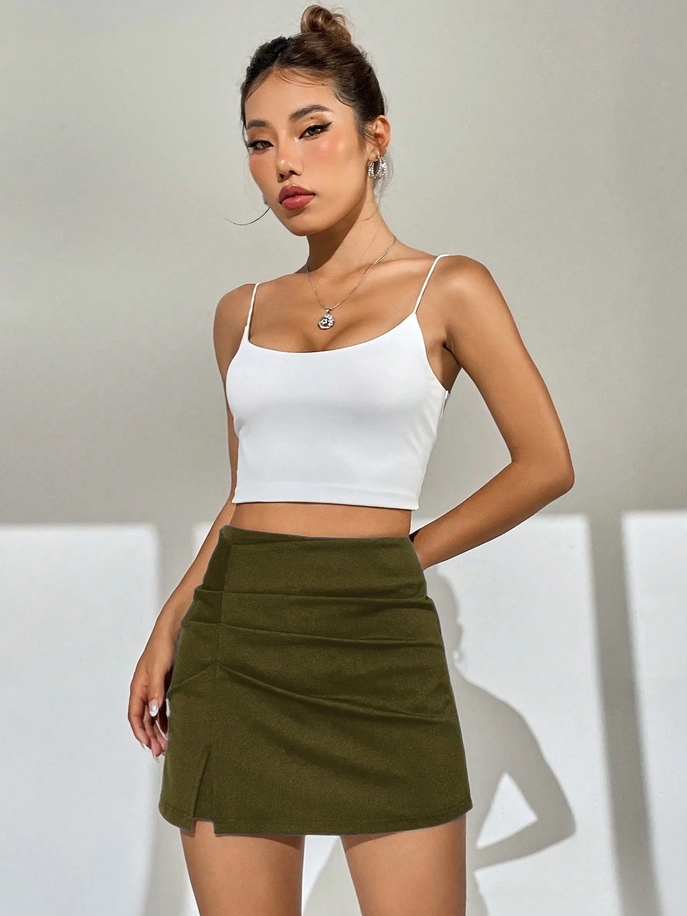 Ezwear Summer Outfits Black Solid High Waist Split Hem Skort