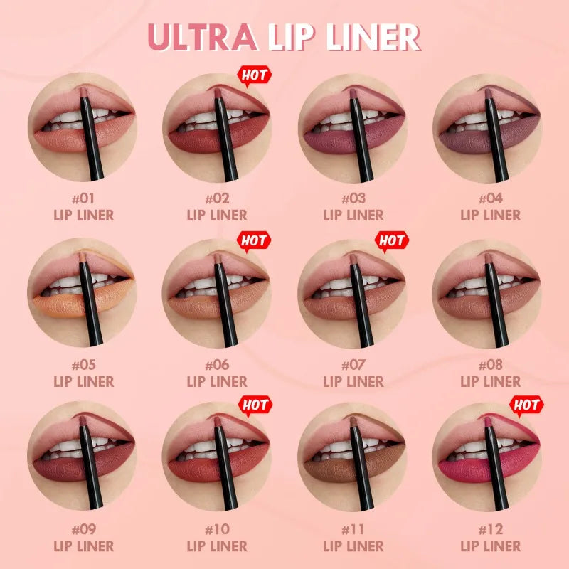 Waterproof Matte Lipliner Pencil Red Contour Tint Lipstick Long Lasting Non-Stick Cup Moisturising Lips Makeup 12 Colors