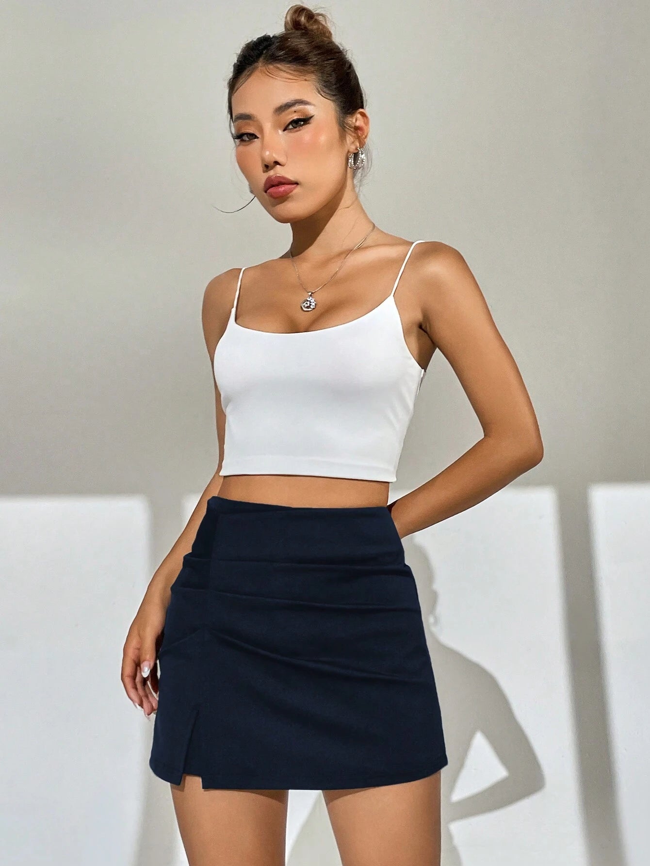 Ezwear Summer Outfits Black Solid High Waist Split Hem Skort