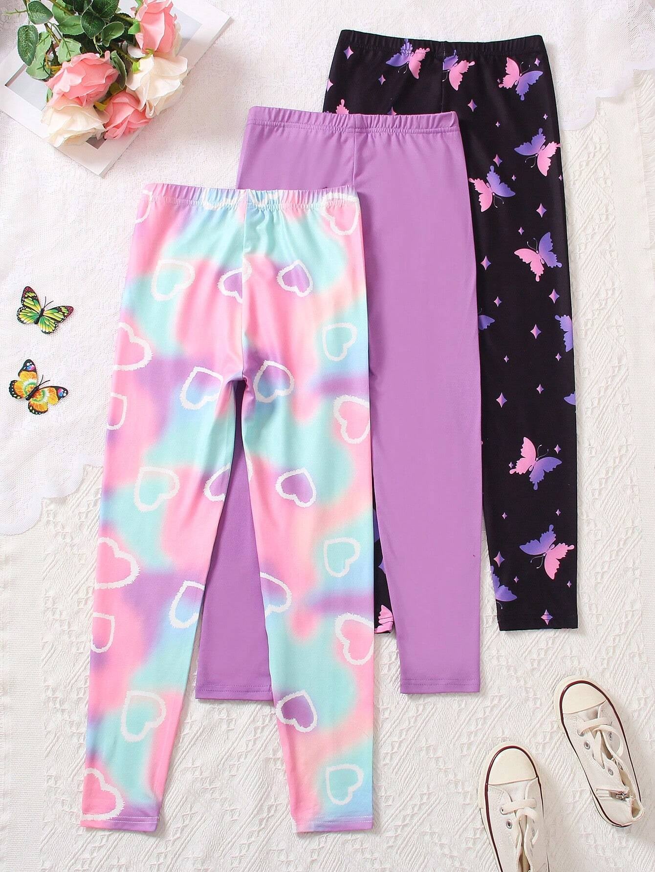 3Pcs Tween Girl Casual Pants Set,Solid Color, Tie-Dye, Heart and Butterfly Print Leggings